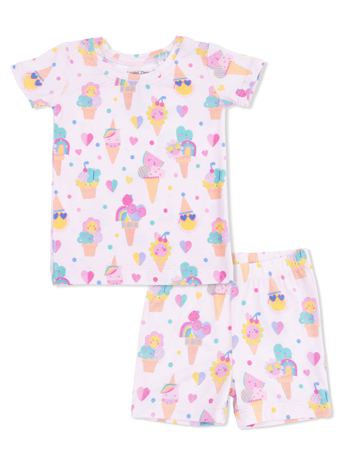 Short-sleeve pajama set featuring colorful ice cream and heart patterns on a light pink background.