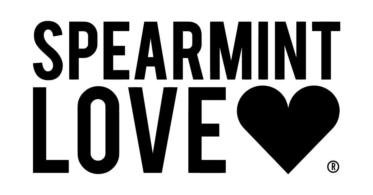 Text logo displaying "SpearmintLOVE" with a heart symbol and a registered trademark symbol.