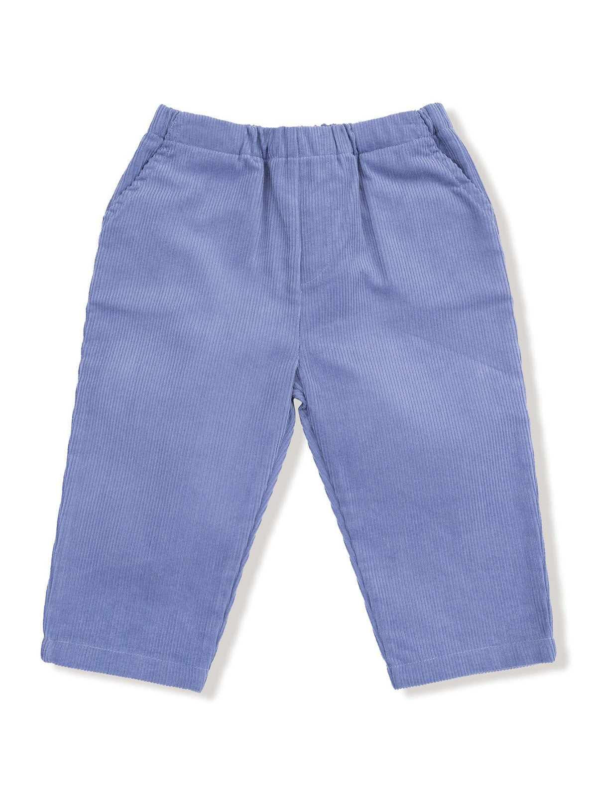 Light blue corduroy pants with an elastic waistband and straight cut leg design. Suitable for casual wear.