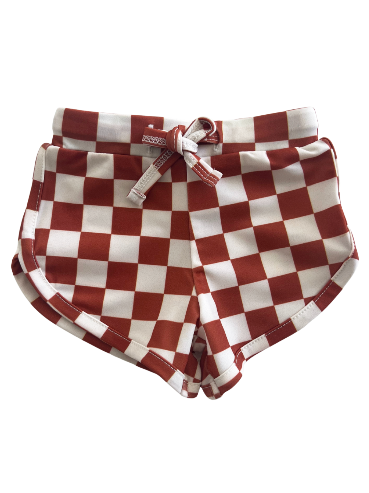 Red and white checkered shorts with a drawstring waistband displayed on a white background.