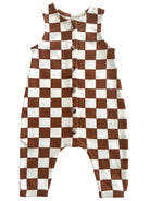 Brown and white checkered sleeveless romper with buttons for infants. Soft fabric suitable for casual wear.