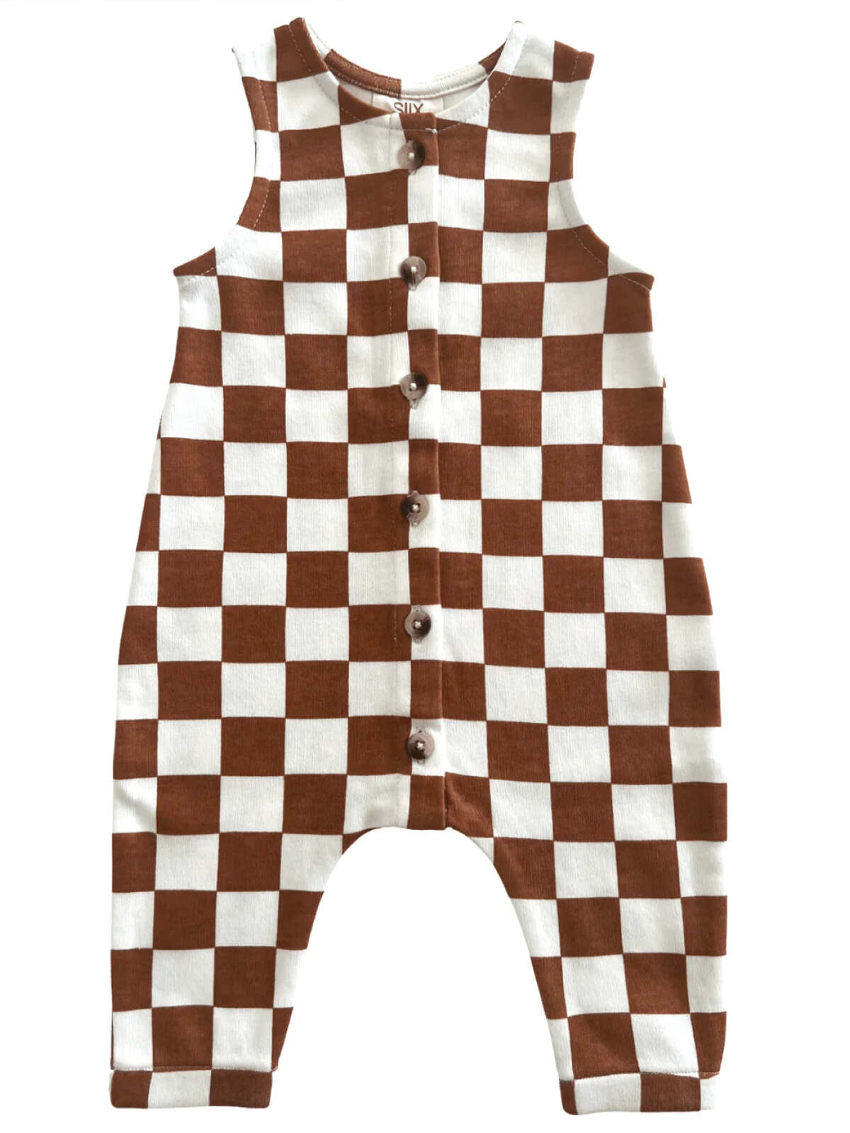 Brown and white checkered sleeveless romper with buttons for infants. Soft fabric suitable for casual wear.