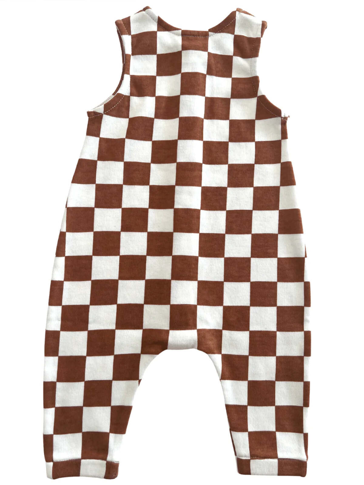 Brown and white plaid patterned baby romper viewed from the back.
