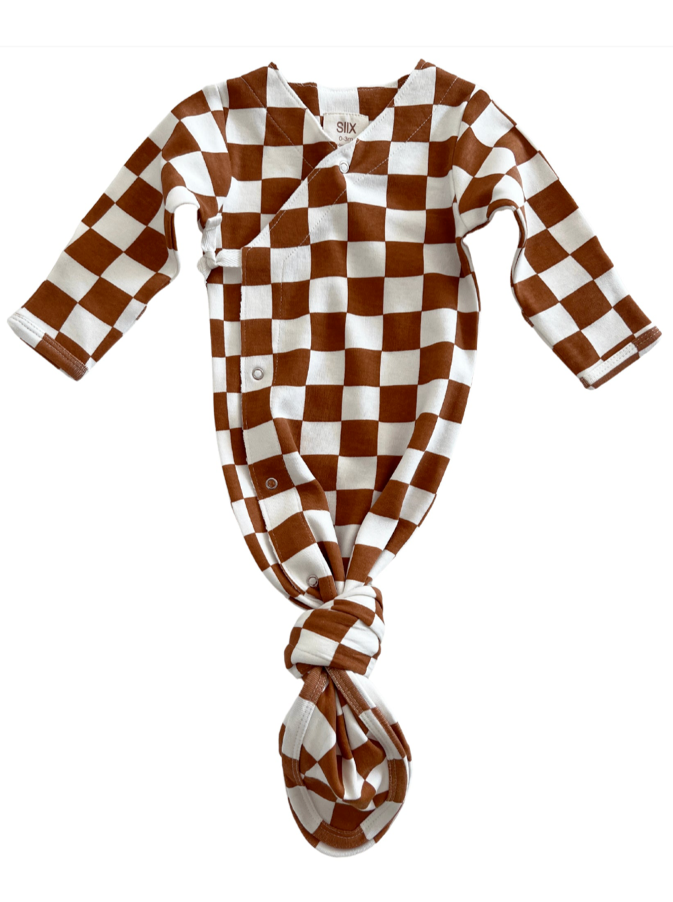 Brown and white checkered baby knotted gown with long sleeves and snap closures.