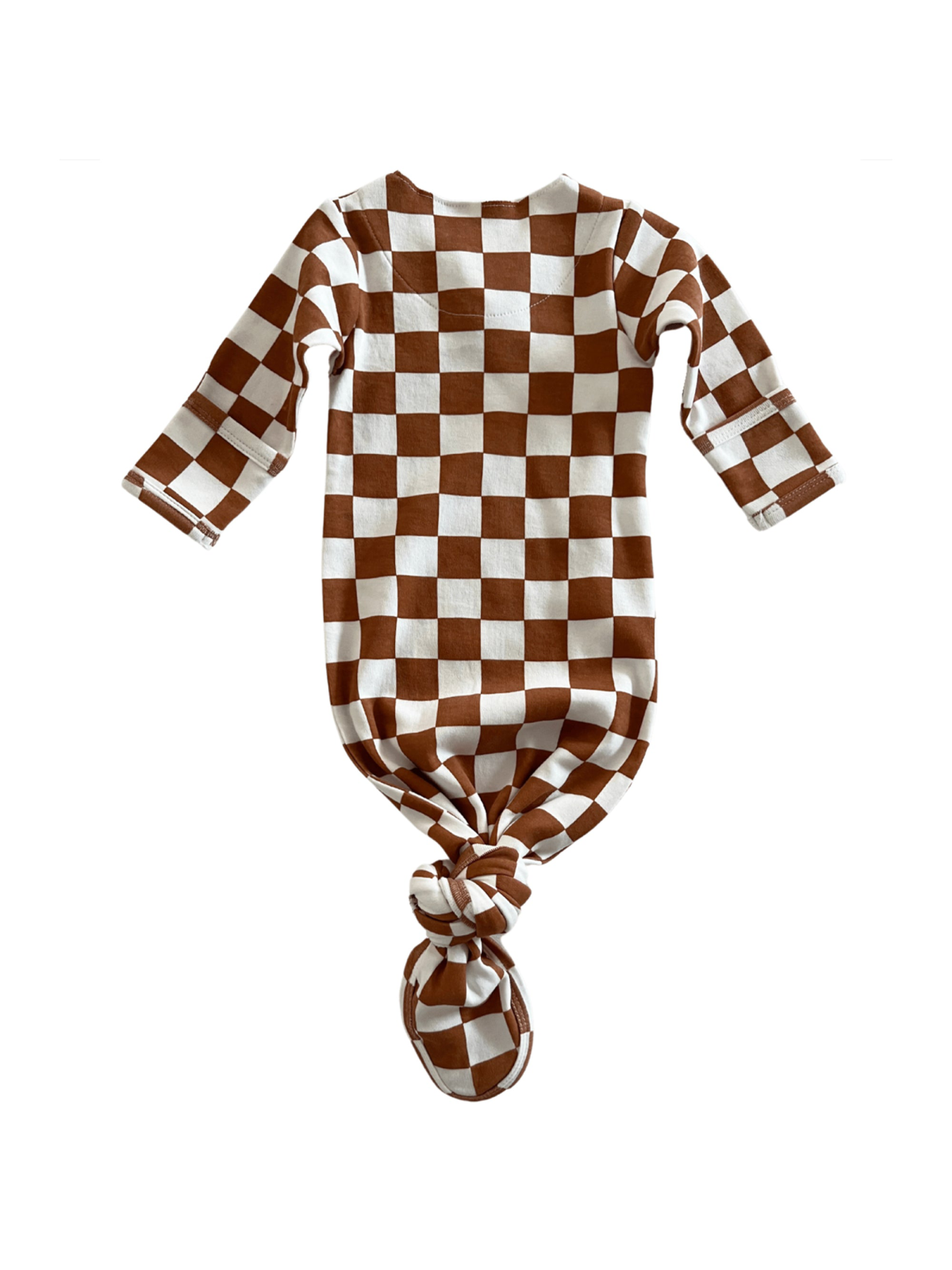 Brown and white checkered newborn knotted gown with long sleeves and matching knotted hat.