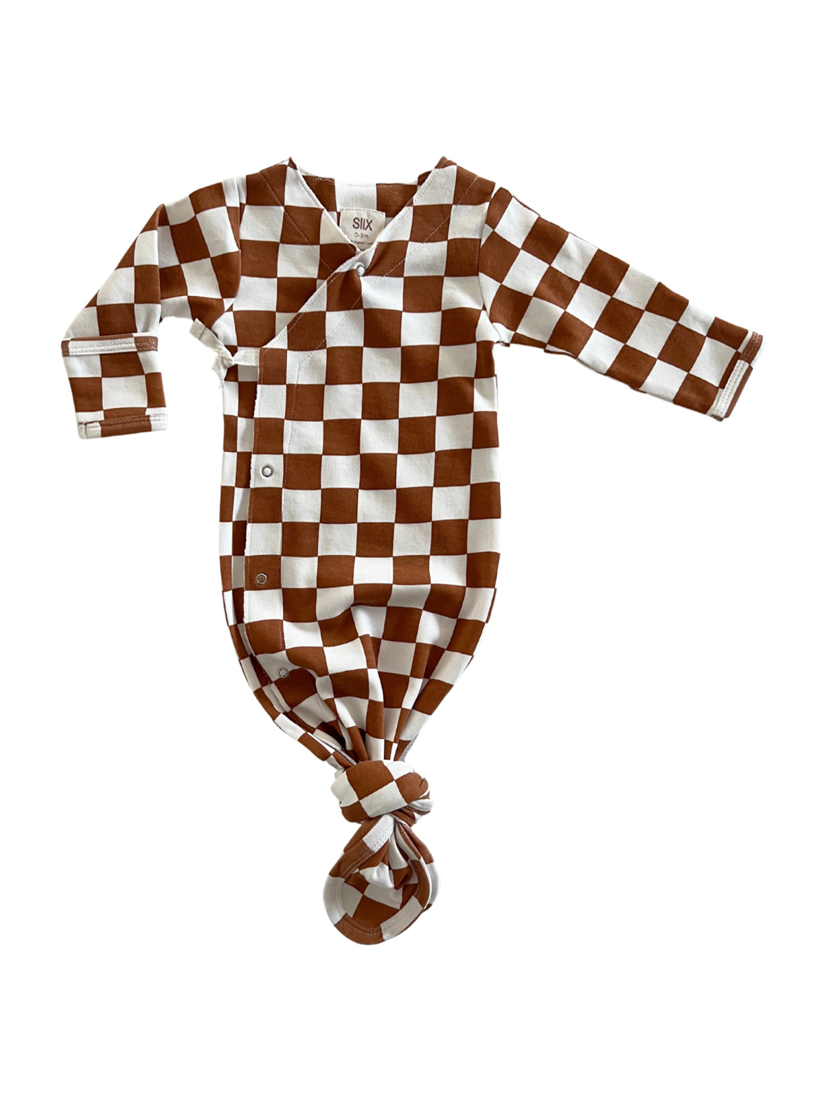 Brown and white checkered baby outfit with a tied bottom and snap closures.