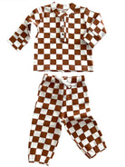 Brown and white checkered toddler pajama set featuring a long-sleeve top and matching pants.