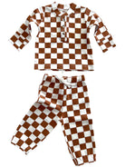 Brown and white checkered two-piece outfit, featuring a long-sleeve top and matching pants.
