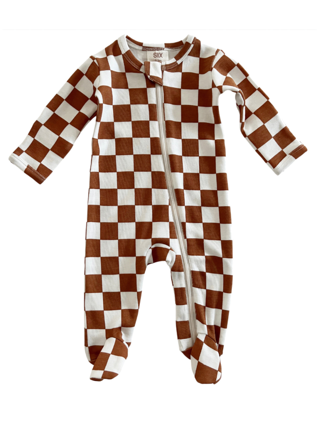 Brown and white checked baby onesie with a front zipper and long sleeves.