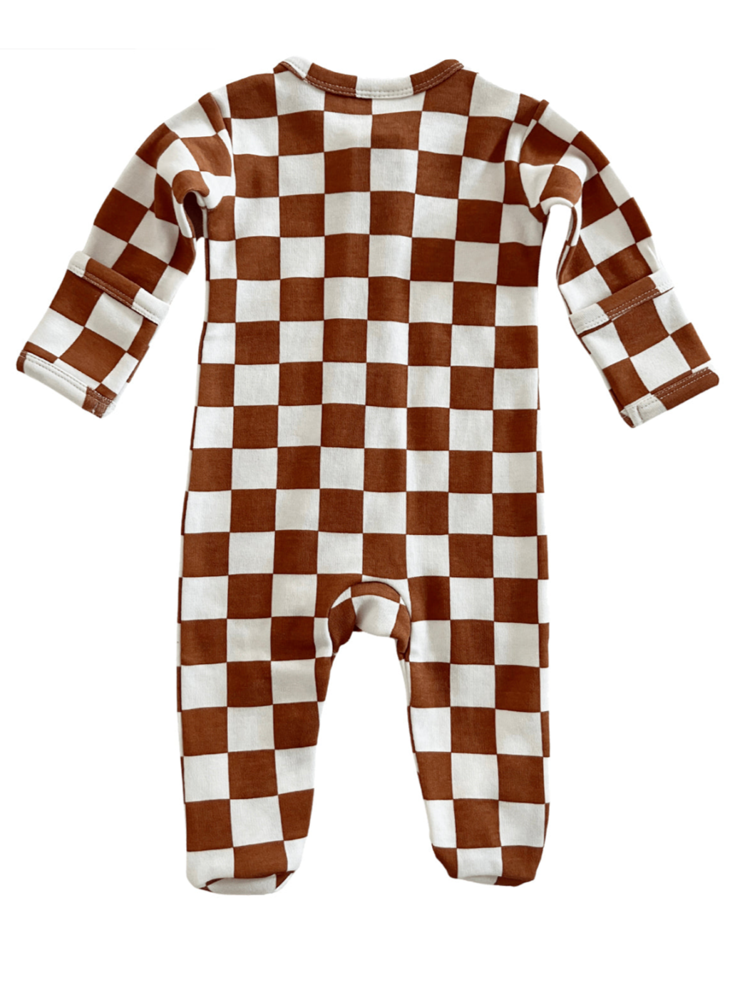 Brown and white checkered onesie, back view, with long sleeves and footed design for infants.