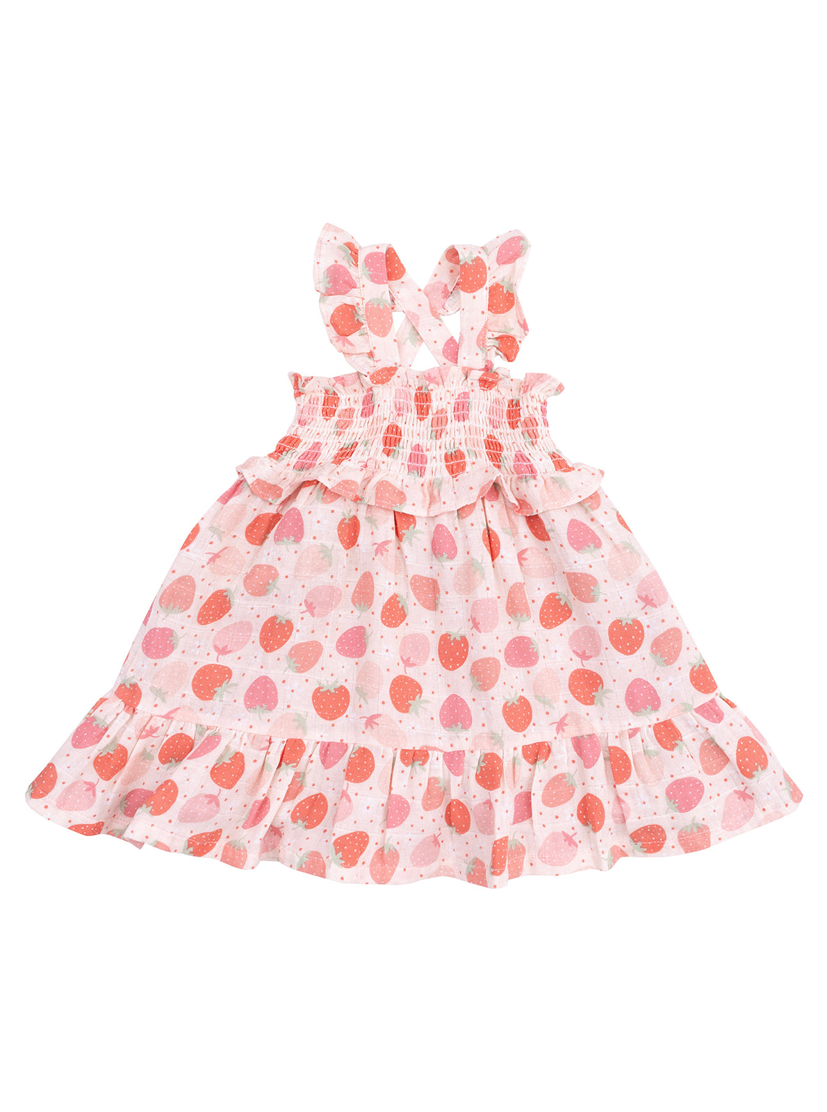 Pink dress with strawberry pattern, ruffled straps, and a tiered skirt, perfect for summer.