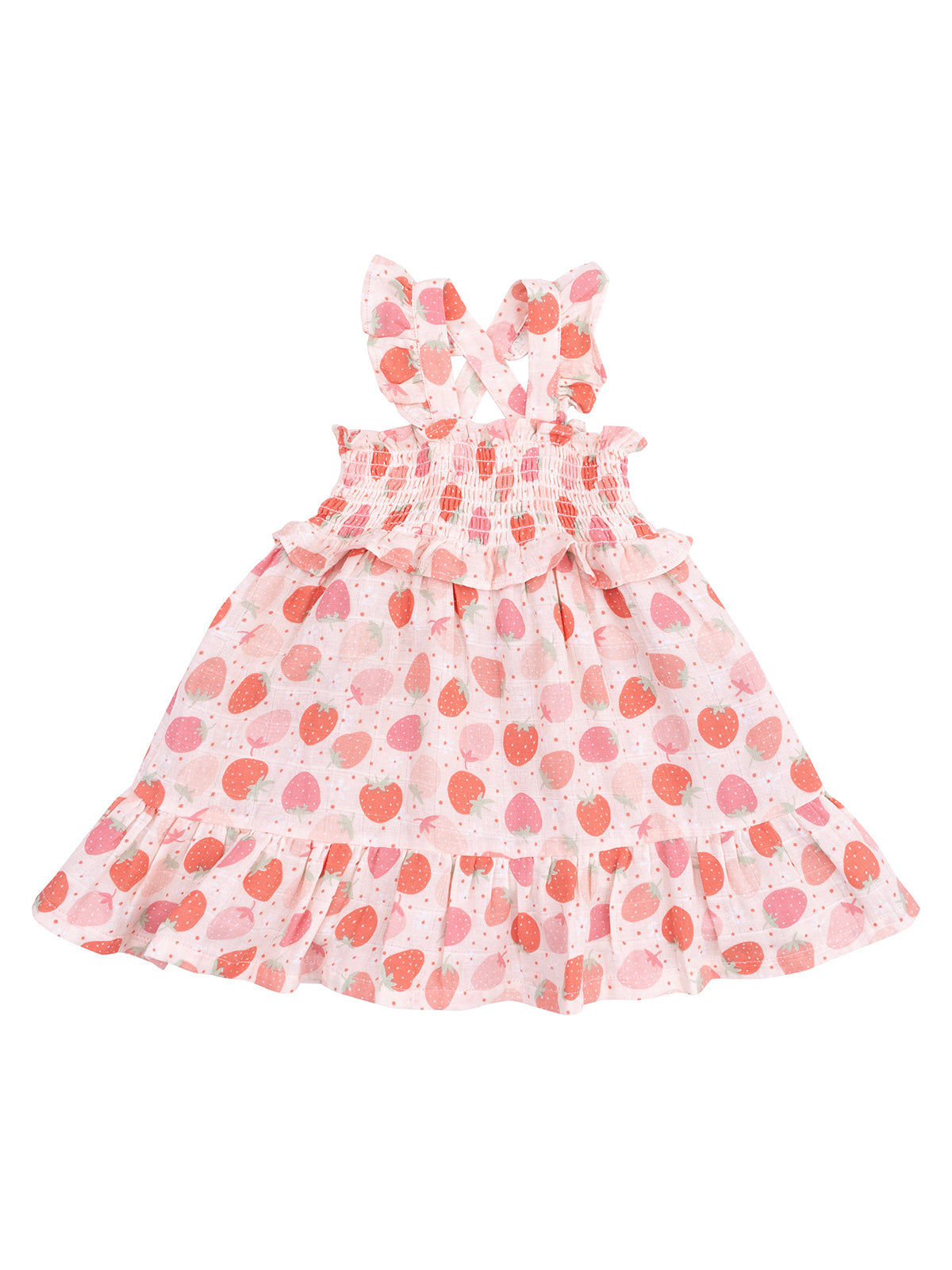 Pink dress with strawberry pattern, ruffled straps, and a tiered skirt, perfect for summer.