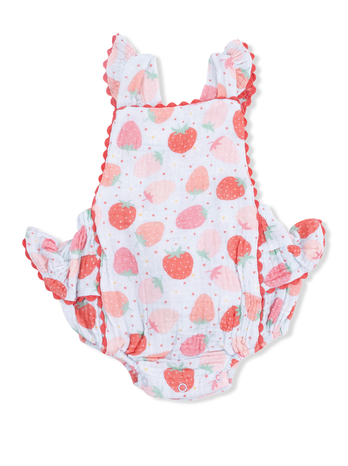Pink baby romper with a strawberry print and ruffled straps, ideal for warm weather.
