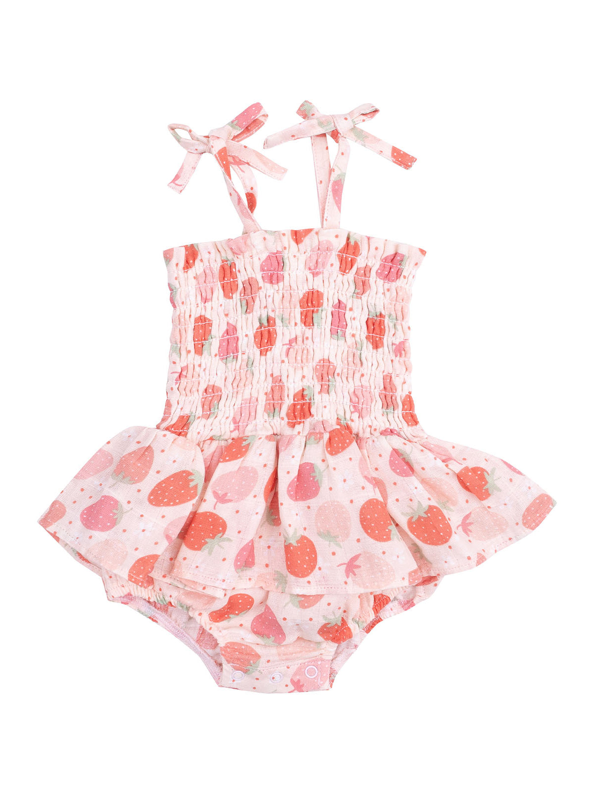 Pink baby romper with strawberry print and a flared skirt, featuring tie straps and smocked bodice.