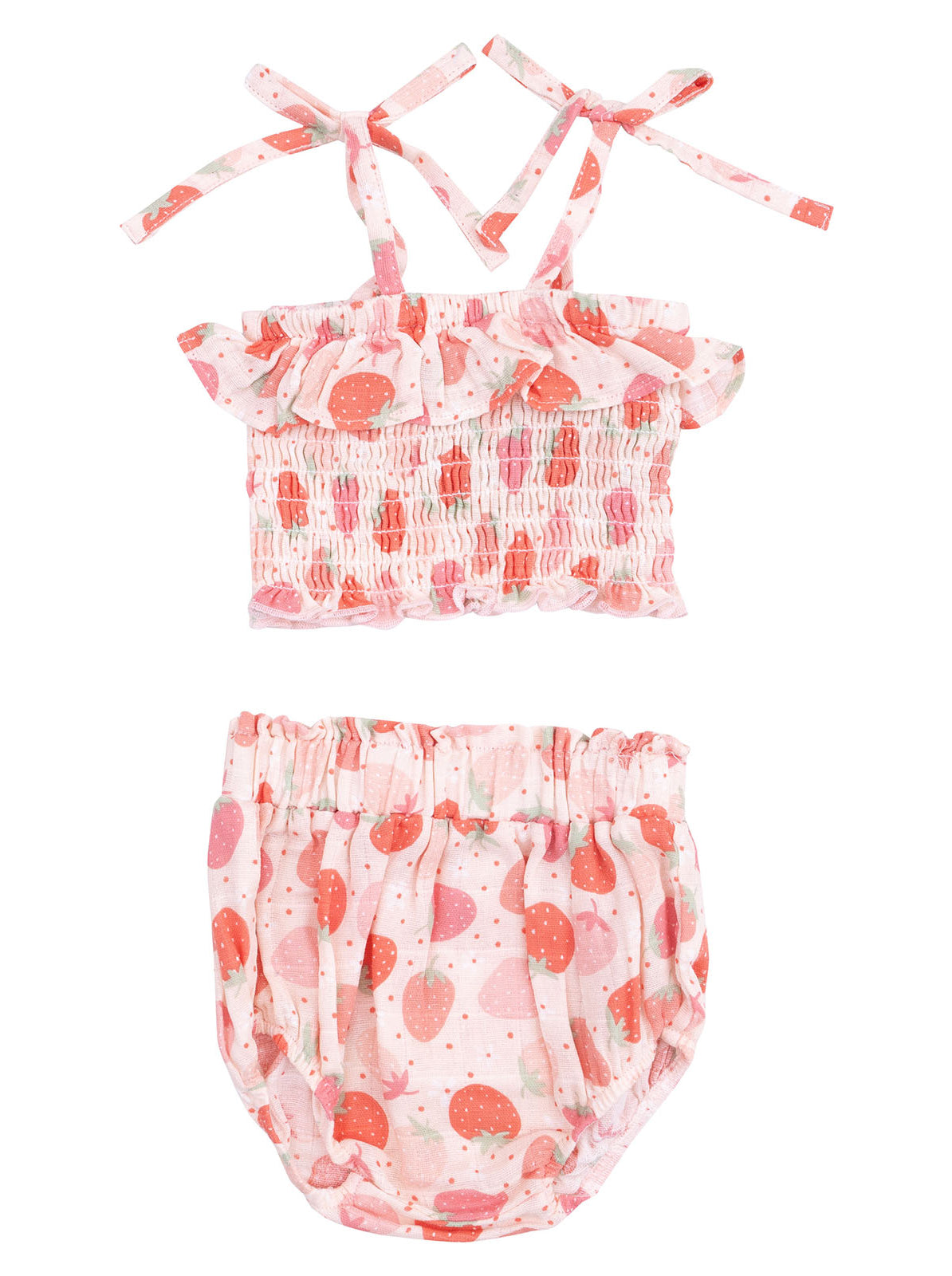 Pink toddler summer outfit with strawberry patterns, featuring a ruffled top and matching bloomers.
