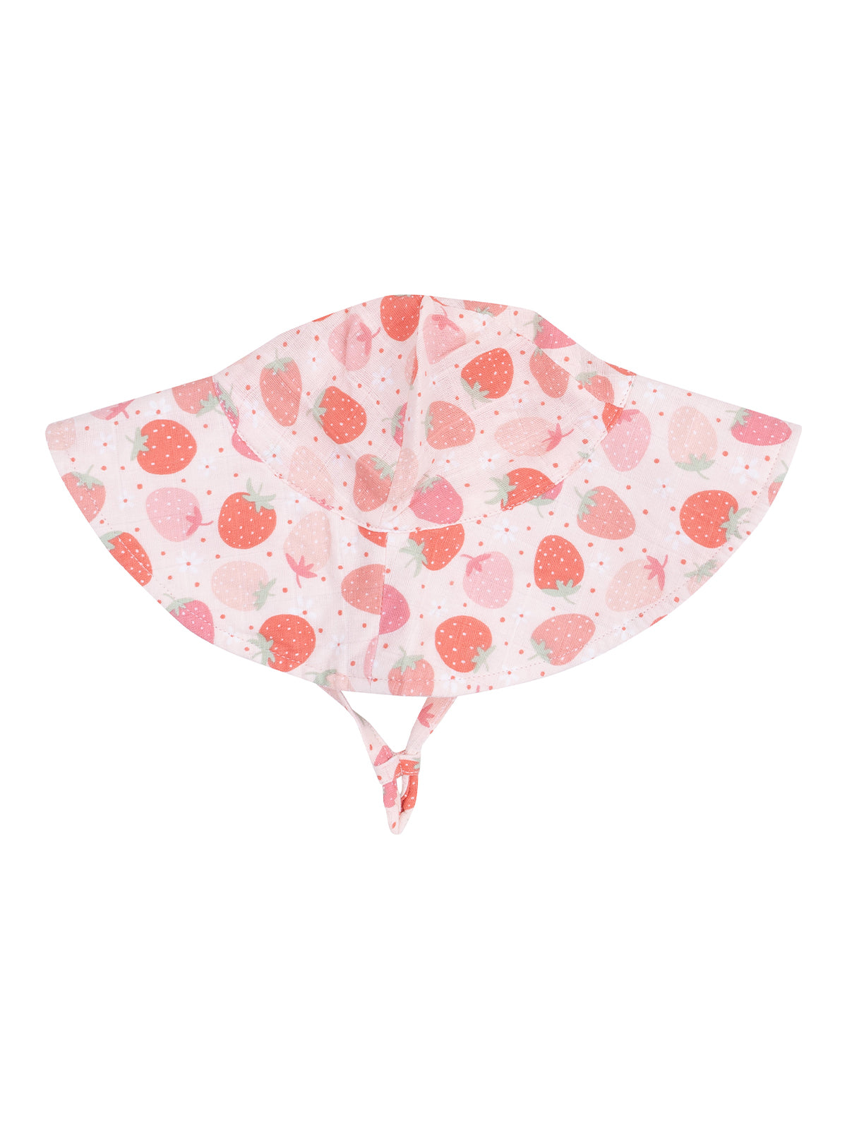 Strawberry-patterned sun hat with ties, ideal for kids, featuring a wide brim for sun protection.