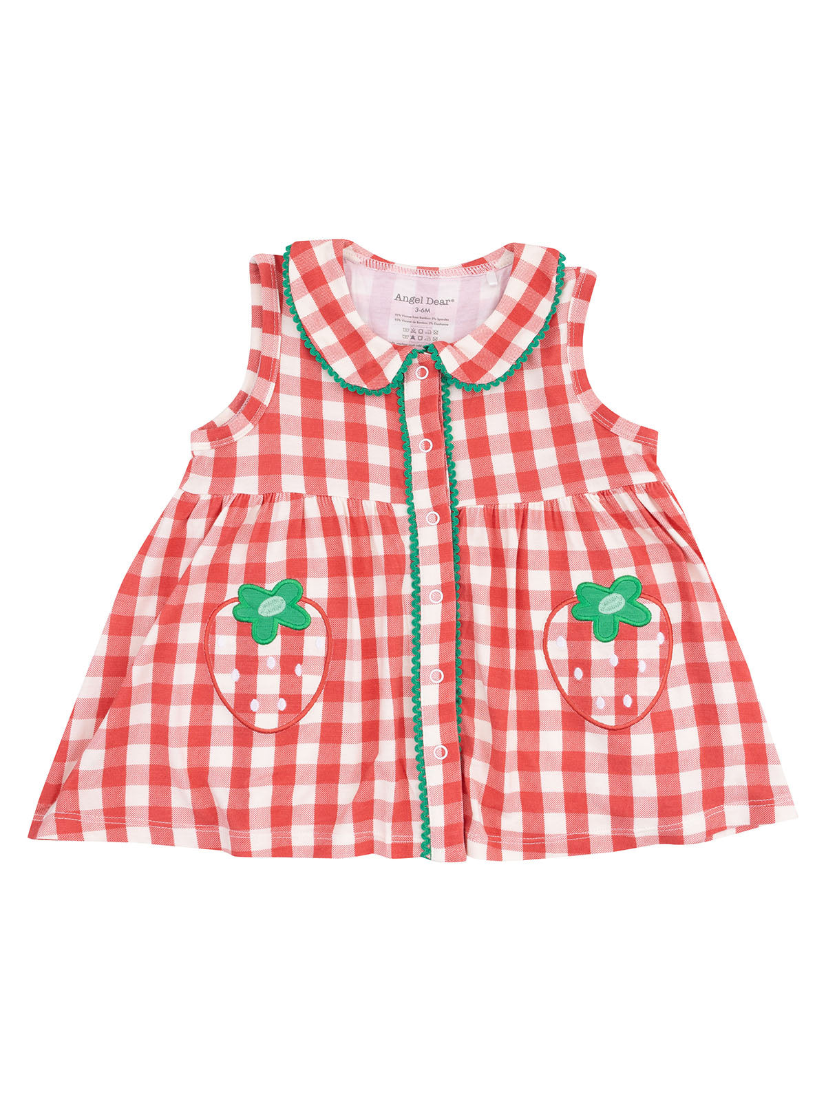 Red gingham toddler dress with strawberry pockets and green trim, button-up front, sleeveless design.
