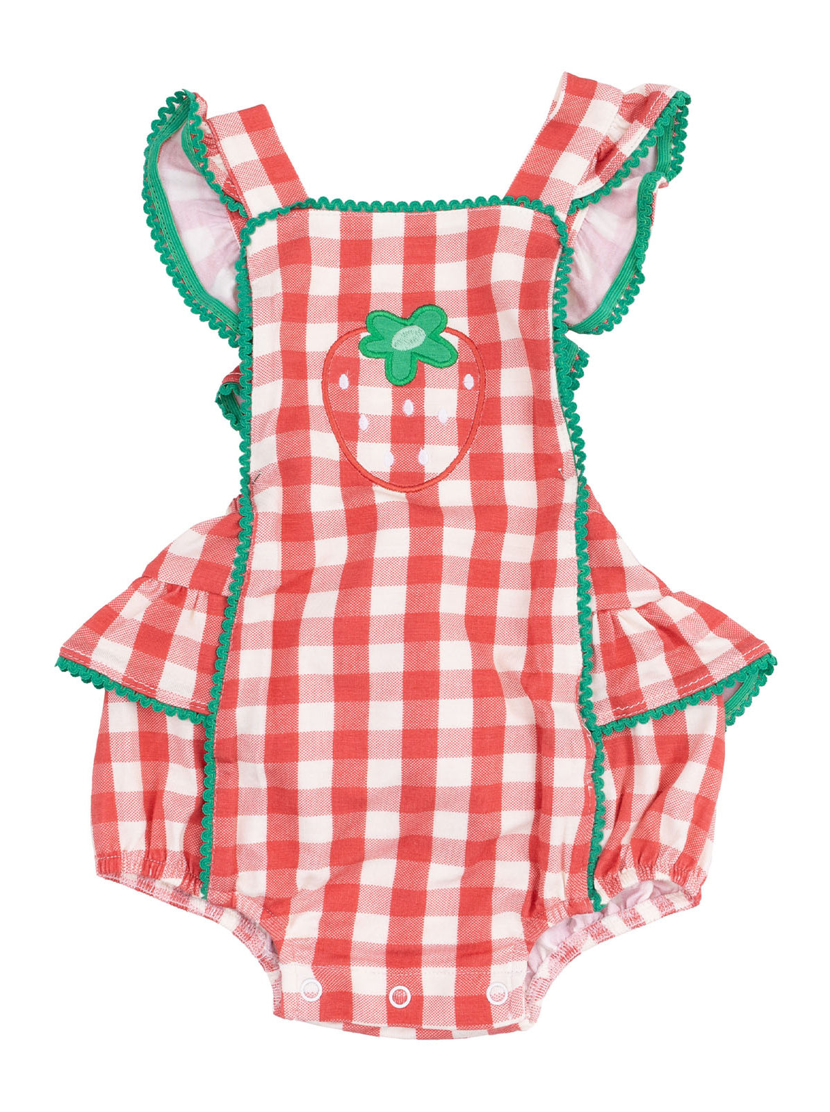 Red and white checkered baby romper with green trim and strawberry appliqué on the front.