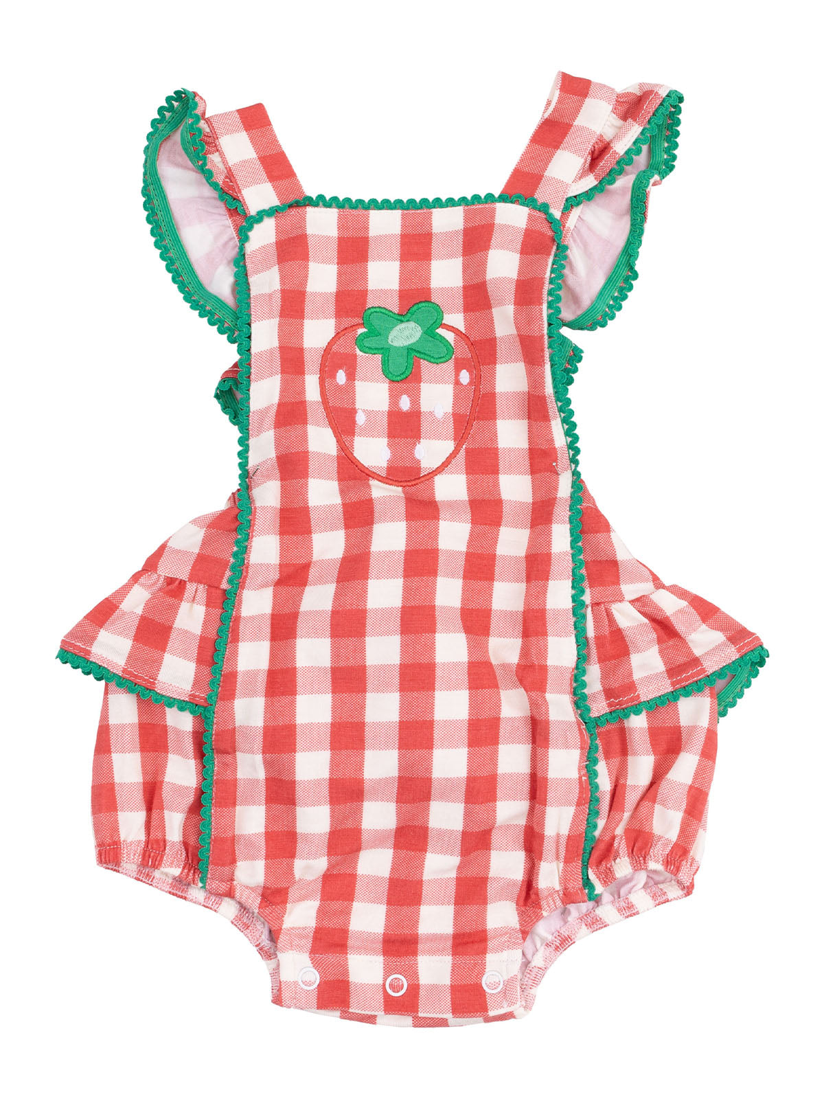 Red and white checkered baby romper with green trim and strawberry appliqué on the front.