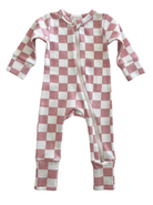Pink and white checkered baby onesie with a front zipper and long sleeves.