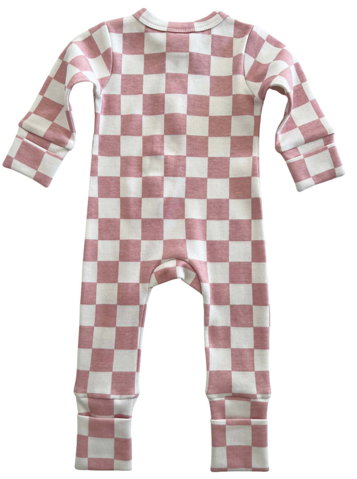 Pink and white checkerboard pattern infant onesie, featuring long sleeves and footless design.
