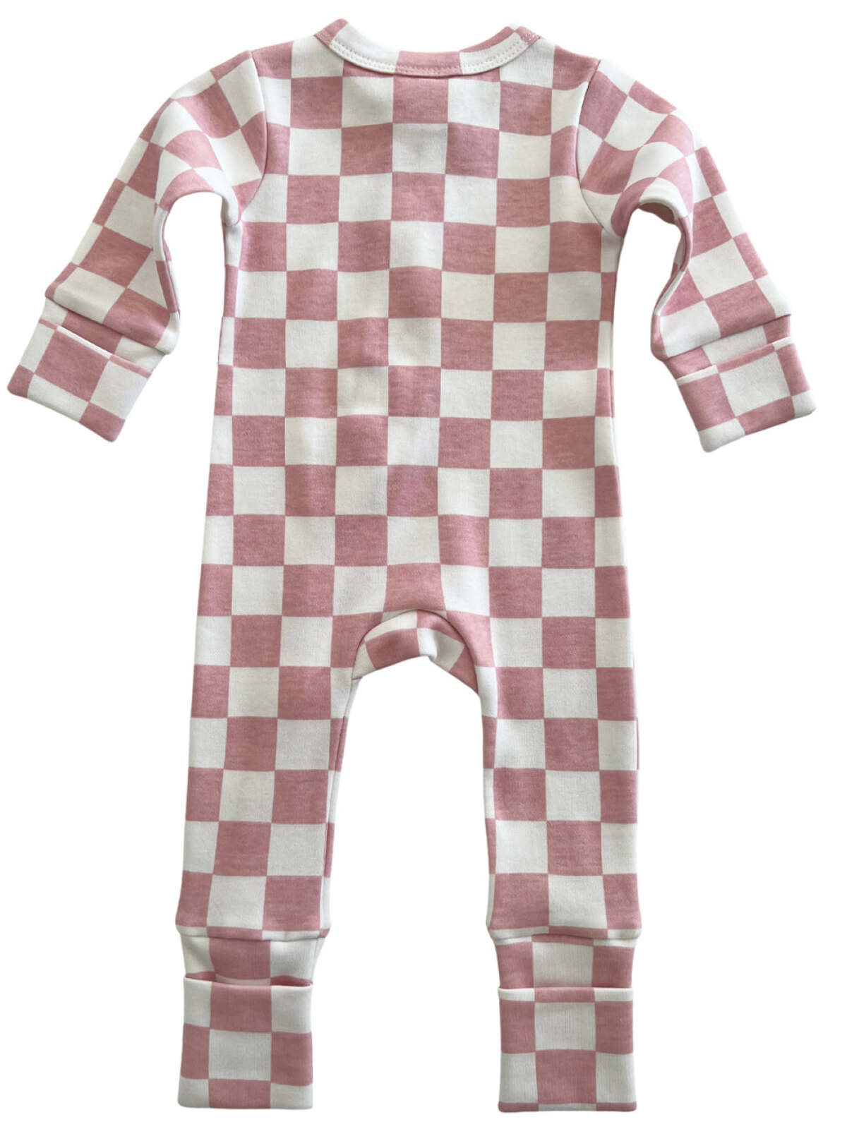 Pink and white checkerboard pattern infant onesie, featuring long sleeves and footless design.