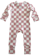Pink and white checkerboard pattern infant onesie, featuring long sleeves and footless design.
