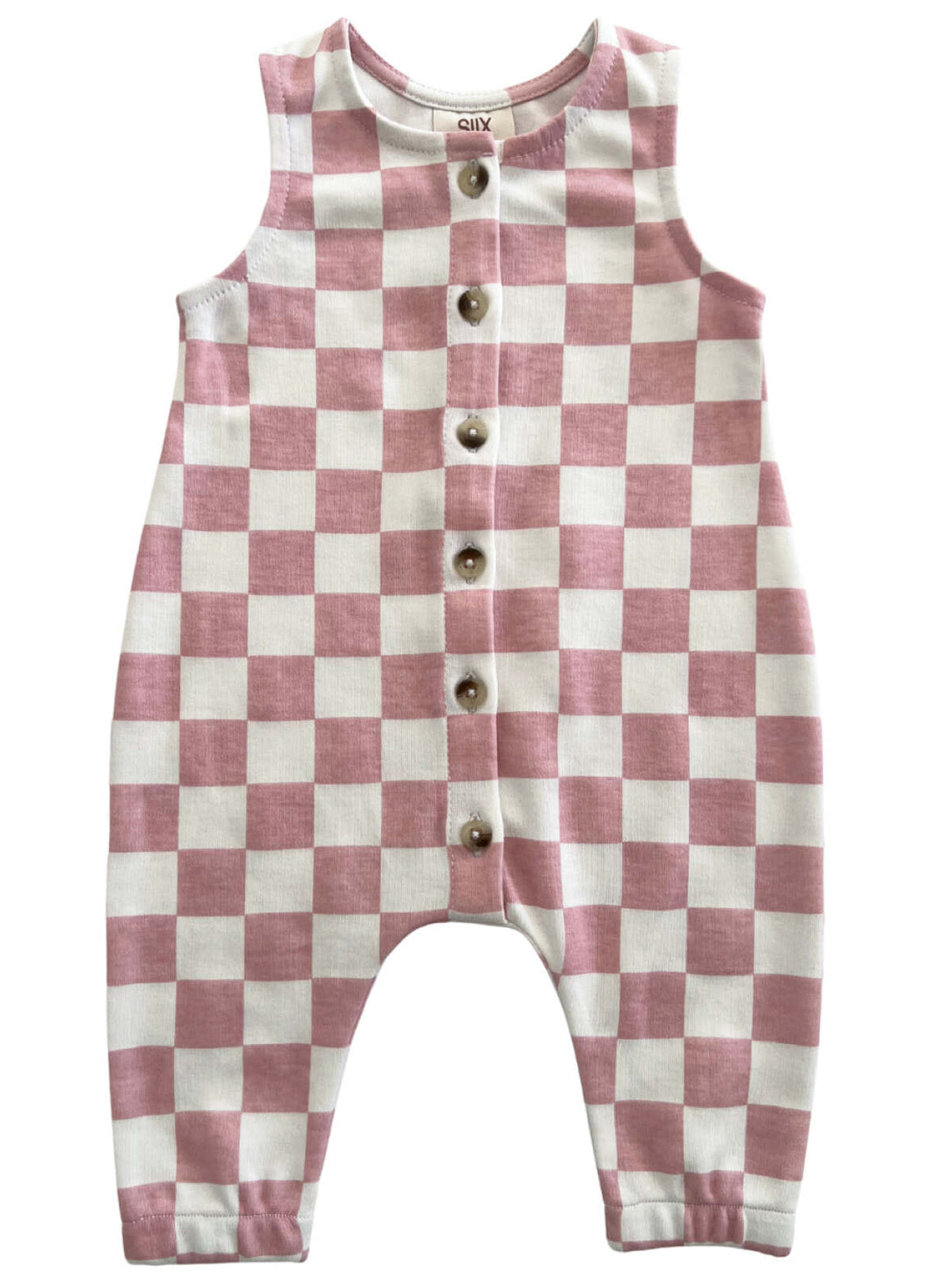 Pink and white checkered baby jumpsuit with buttons down the front and sleeveless design.