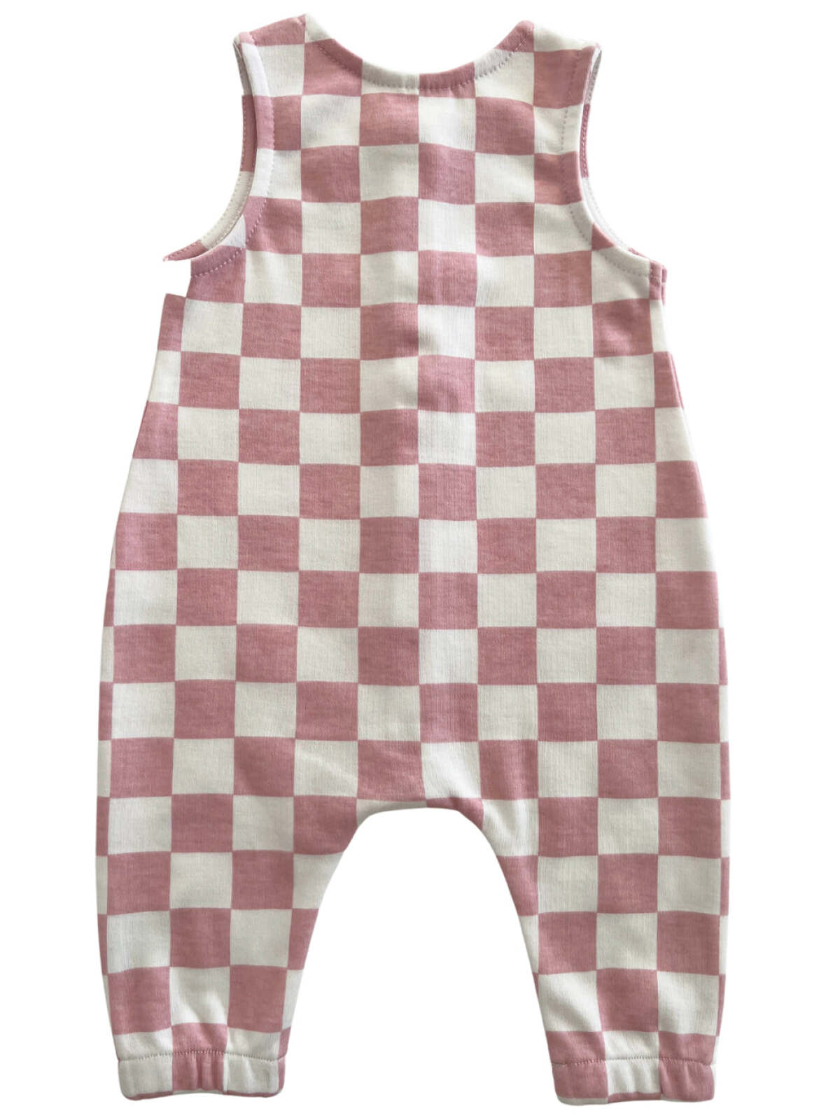 Pink and white checkered baby romper with sleeveless design and rounded neckline, shown from the back.