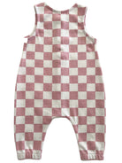 Pink and white checkered baby romper with sleeveless design and rounded neckline, shown from the back.