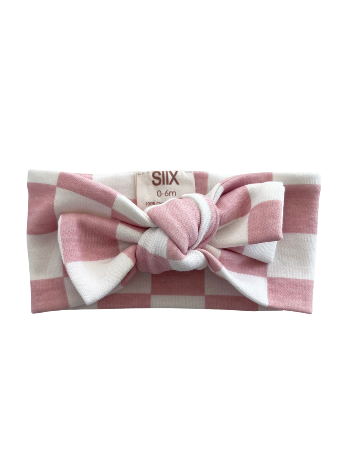 Pink and white checkered baby headband with a bow, size 0-6 months. Soft, stretchy material for comfort.