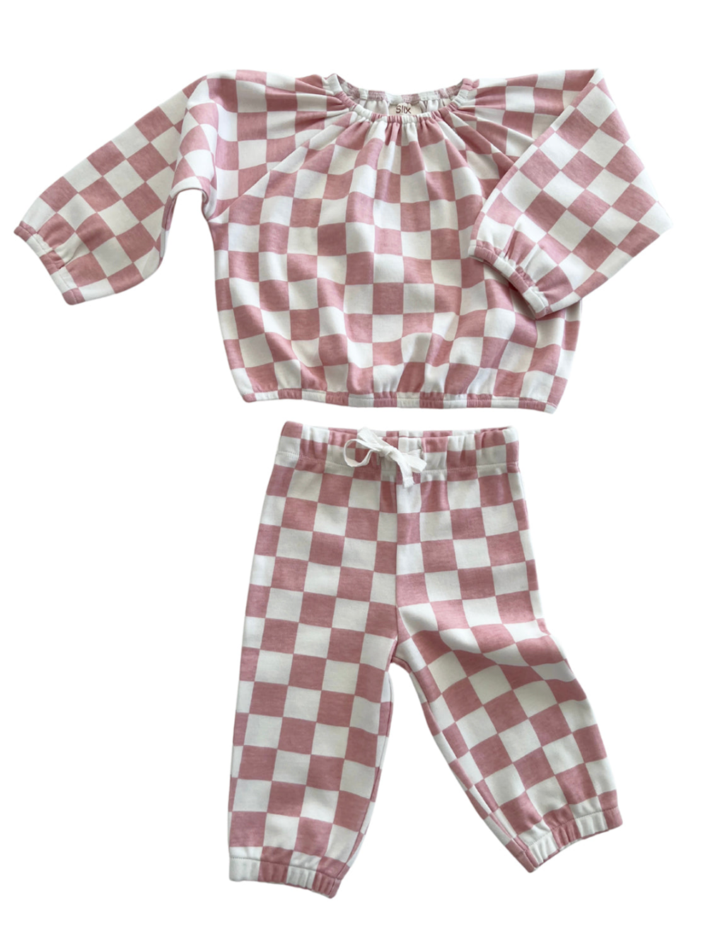 Pink and white checkered kids' outfit with a long-sleeve top and pull-on pants.