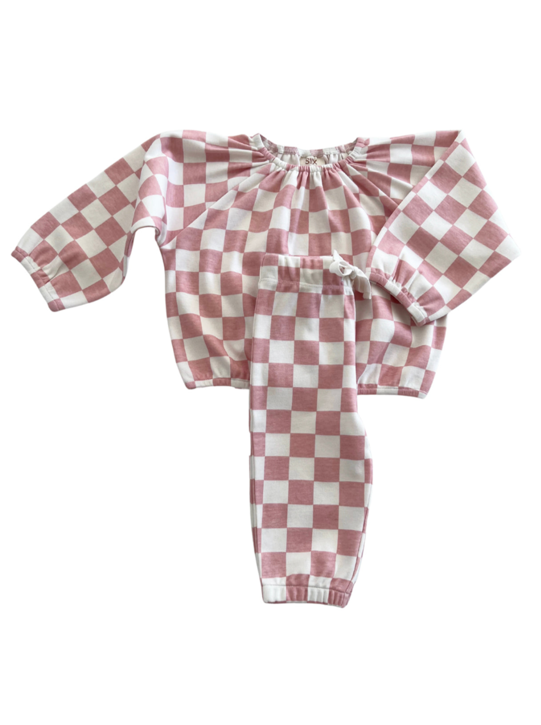 Pink and white checkered children's outfit with long sleeves and elastic waist pants.