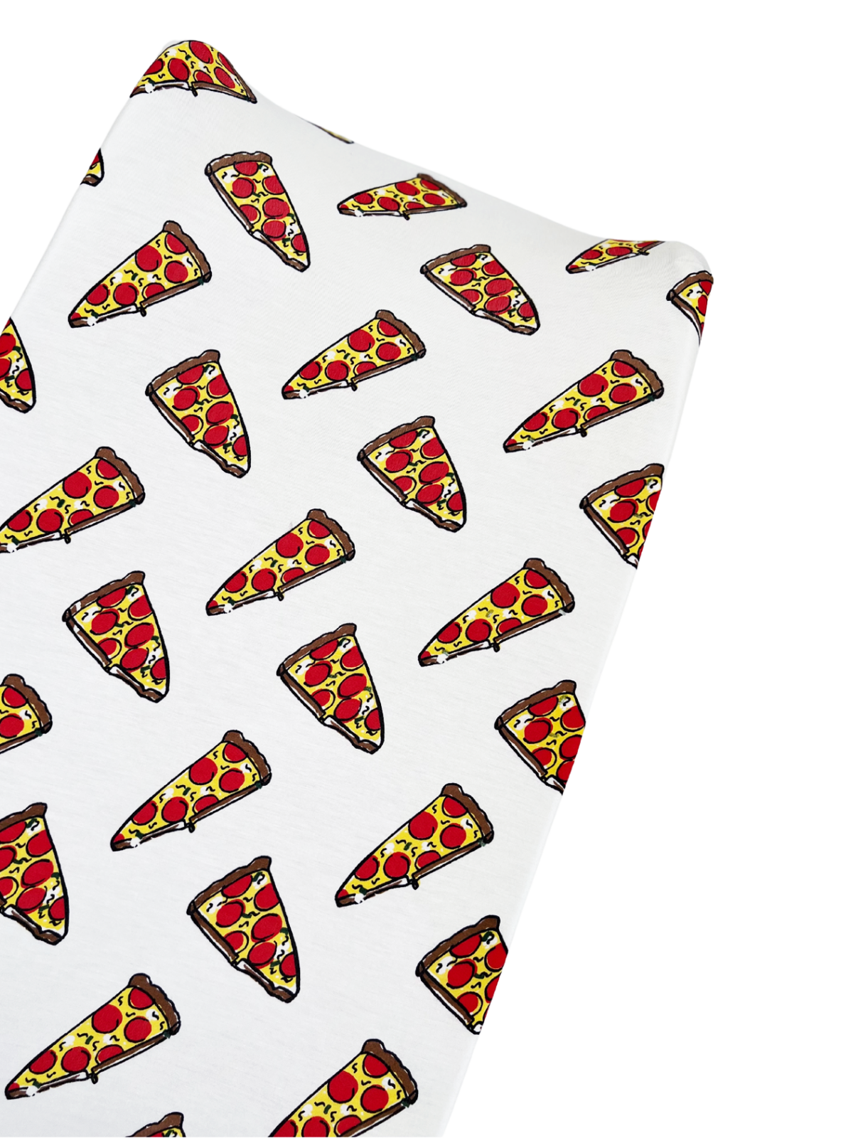 White fabric covered with colorful cartoon slices of pepperoni pizza evenly spaced throughout.