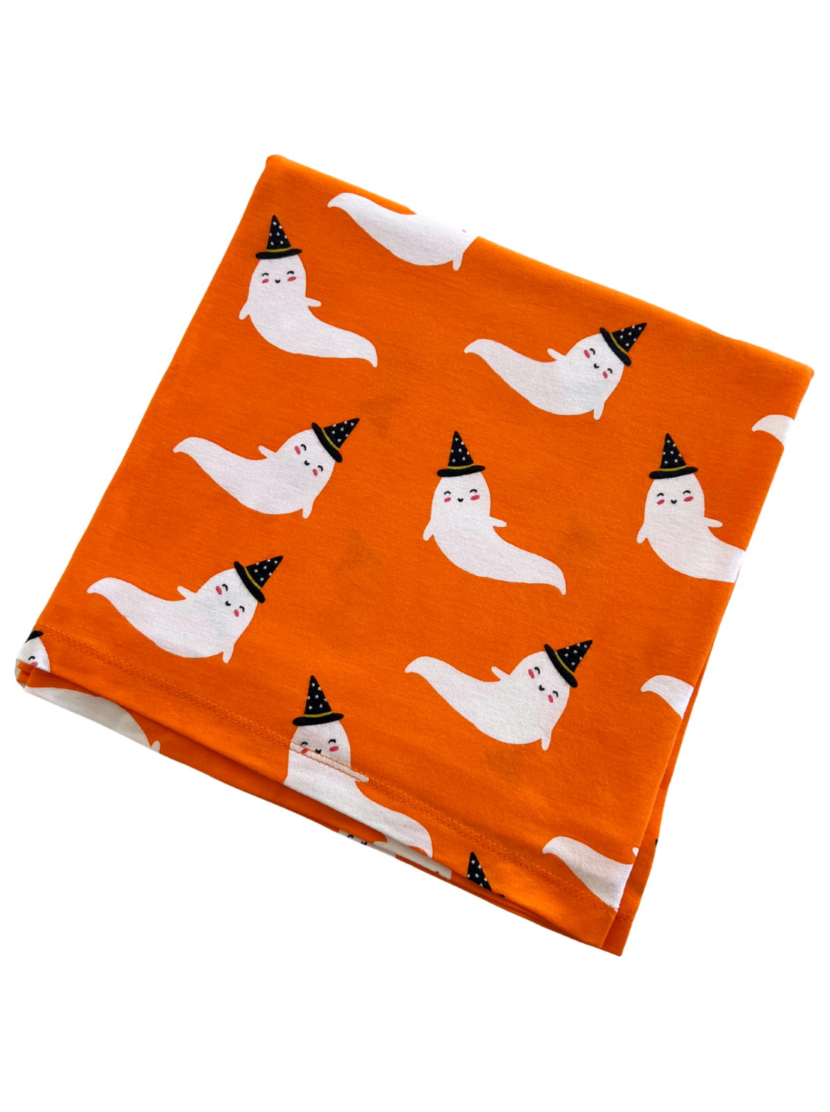 Orange fabric featuring playful white ghosts wearing black hats, perfect for Halloween decorations or crafts.
