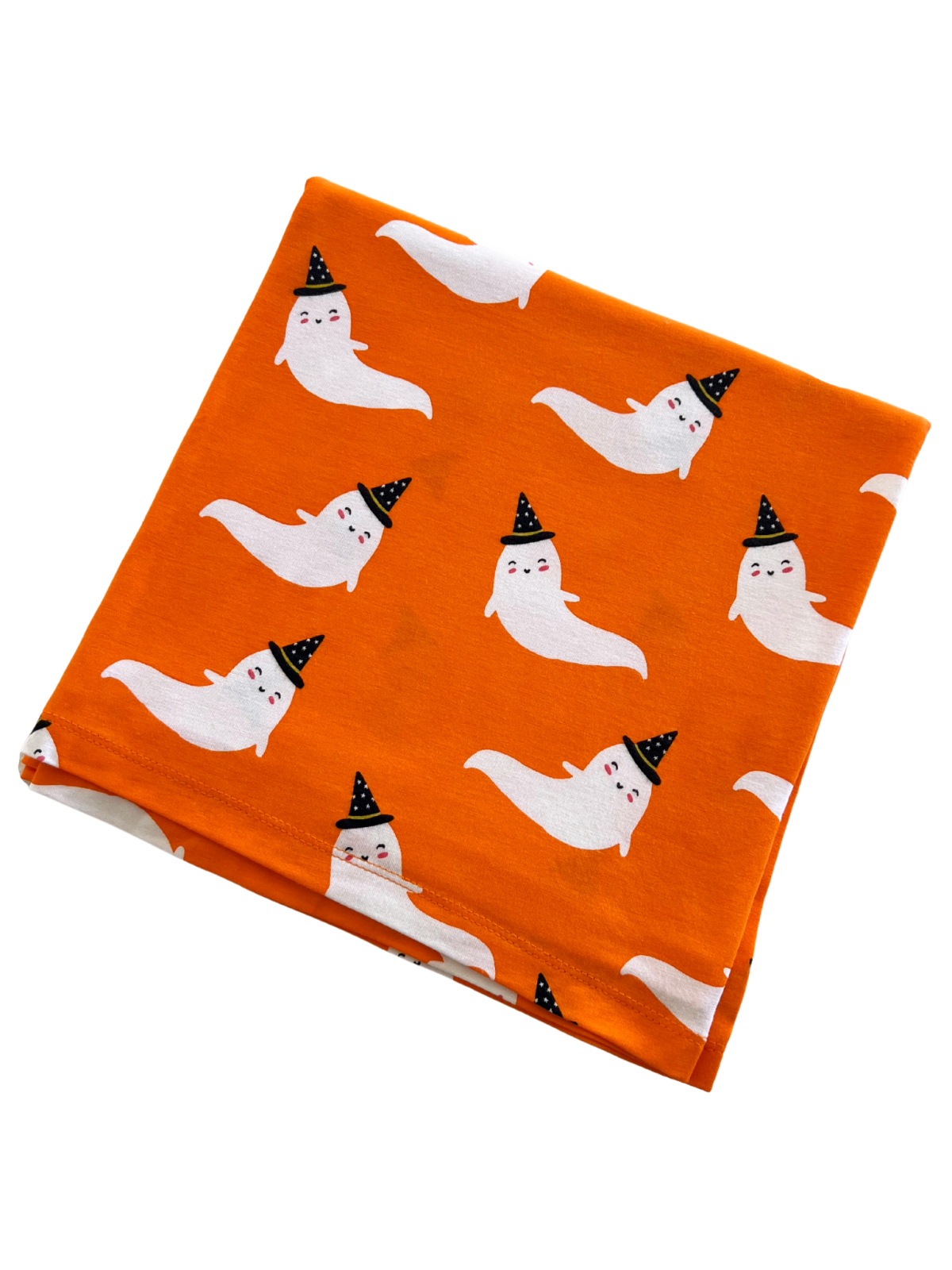 Orange fabric featuring playful white ghosts wearing black hats, perfect for Halloween decorations or crafts.
