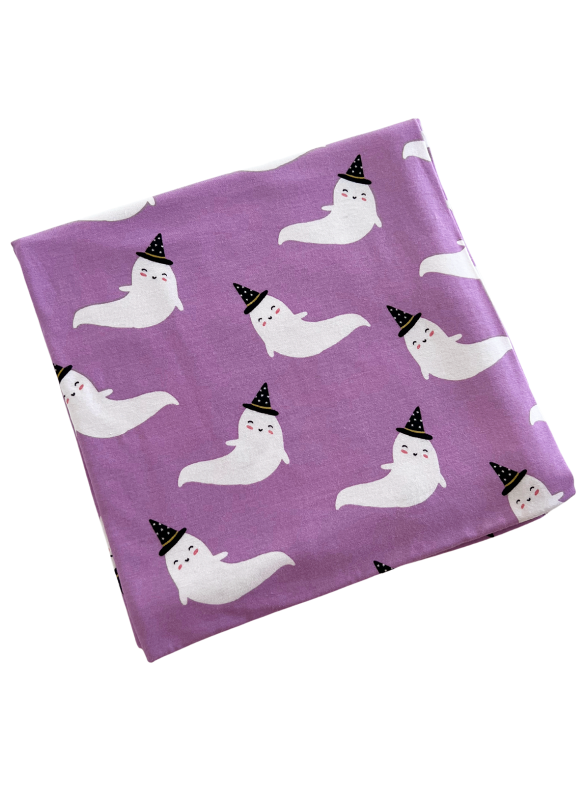Purple fabric featuring cute ghost designs wearing party hats. Ideal for Halloween-themed projects.