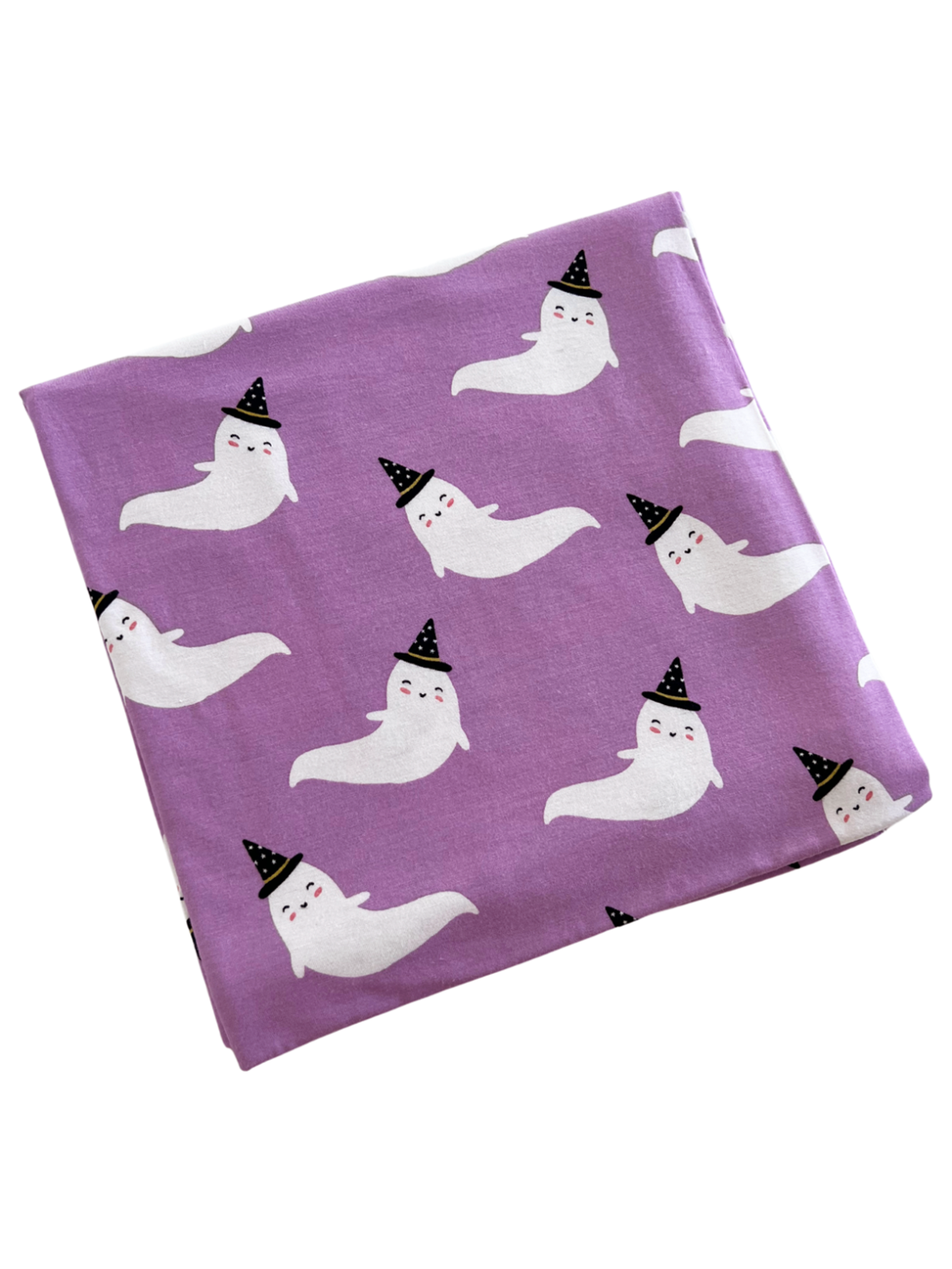 Purple fabric featuring cute ghost designs wearing party hats. Ideal for Halloween-themed projects.