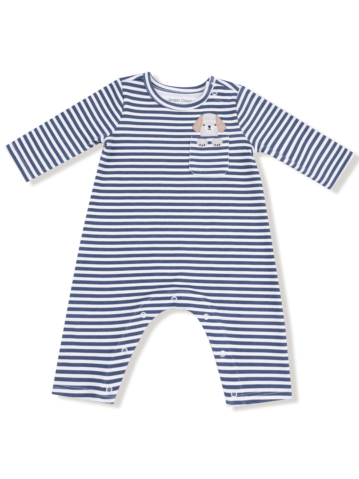 Striped baby onesie with a cute dog pocket design, ideal for infant wear.