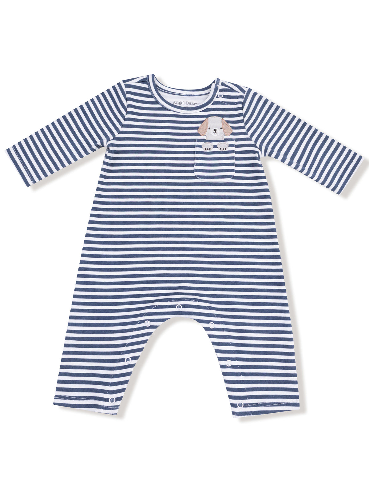 Striped baby onesie with a cute dog pocket design, ideal for infant wear.