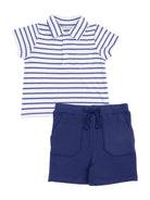 Striped polo shirt and navy shorts set for children, perfect for casual summer wear.