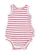 Red and white striped baby onesie with a frilled design and snap closures at the bottom.
