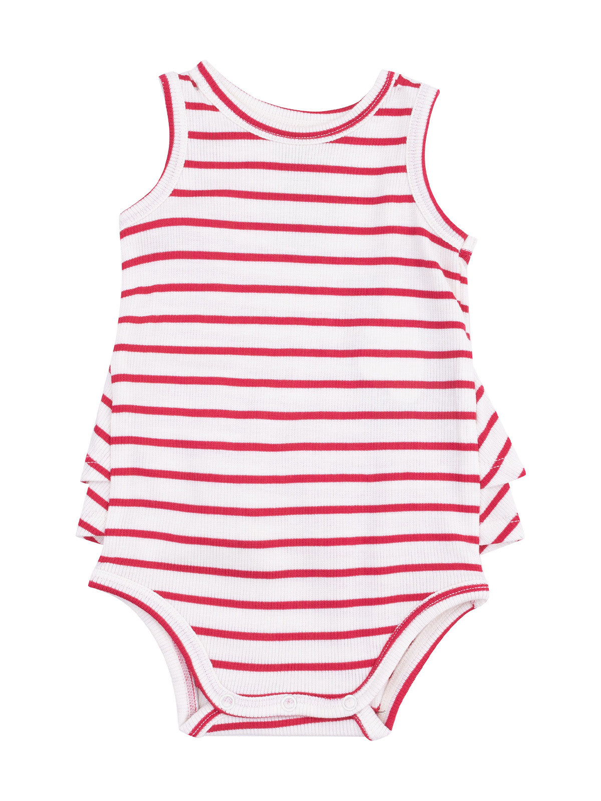 Red and white striped baby onesie with a frilled design and snap closures at the bottom.