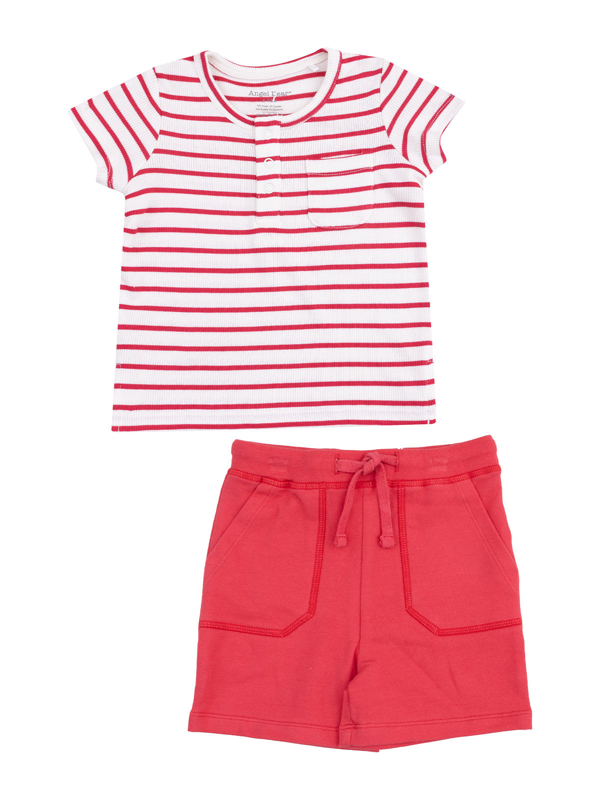 Red and white striped short-sleeve shirt with matching red shorts, ideal for casual summer wear.