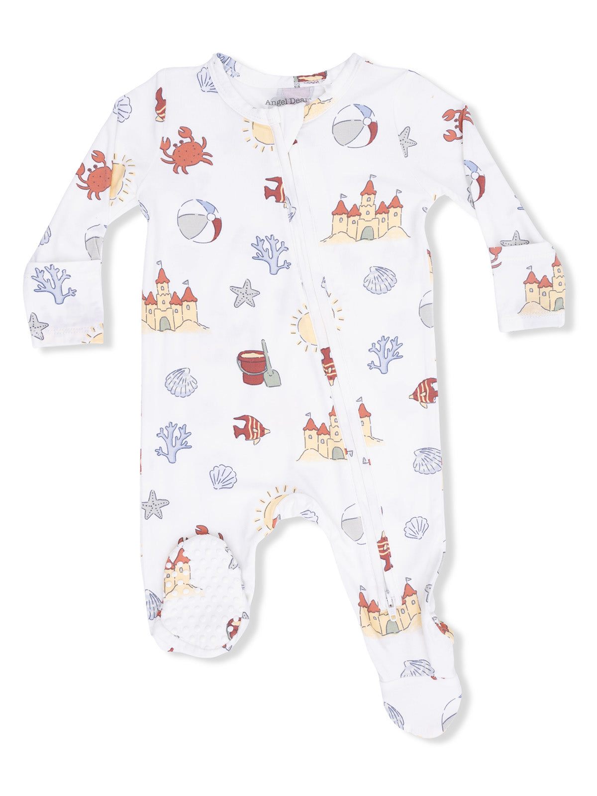 White baby onesie with beach-themed print: crabs, sandcastles, seashells, and sea creatures.
