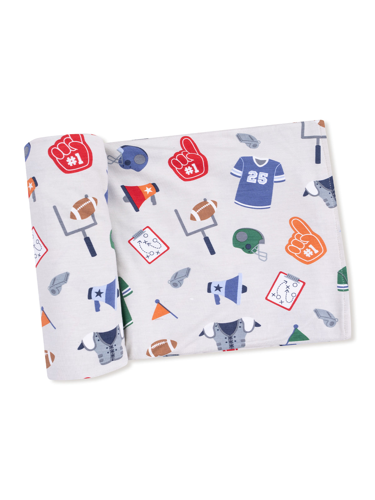 Soft gray fabric featuring sports-themed designs like helmets, jerseys, and foam fingers, rolled neatly.