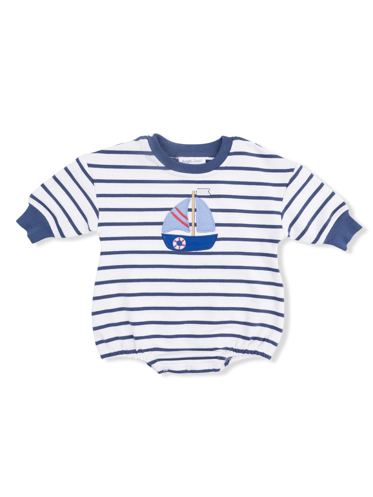 Striped baby onesie featuring a sailboat design with blue and red accents. Ideal for summer wear.
