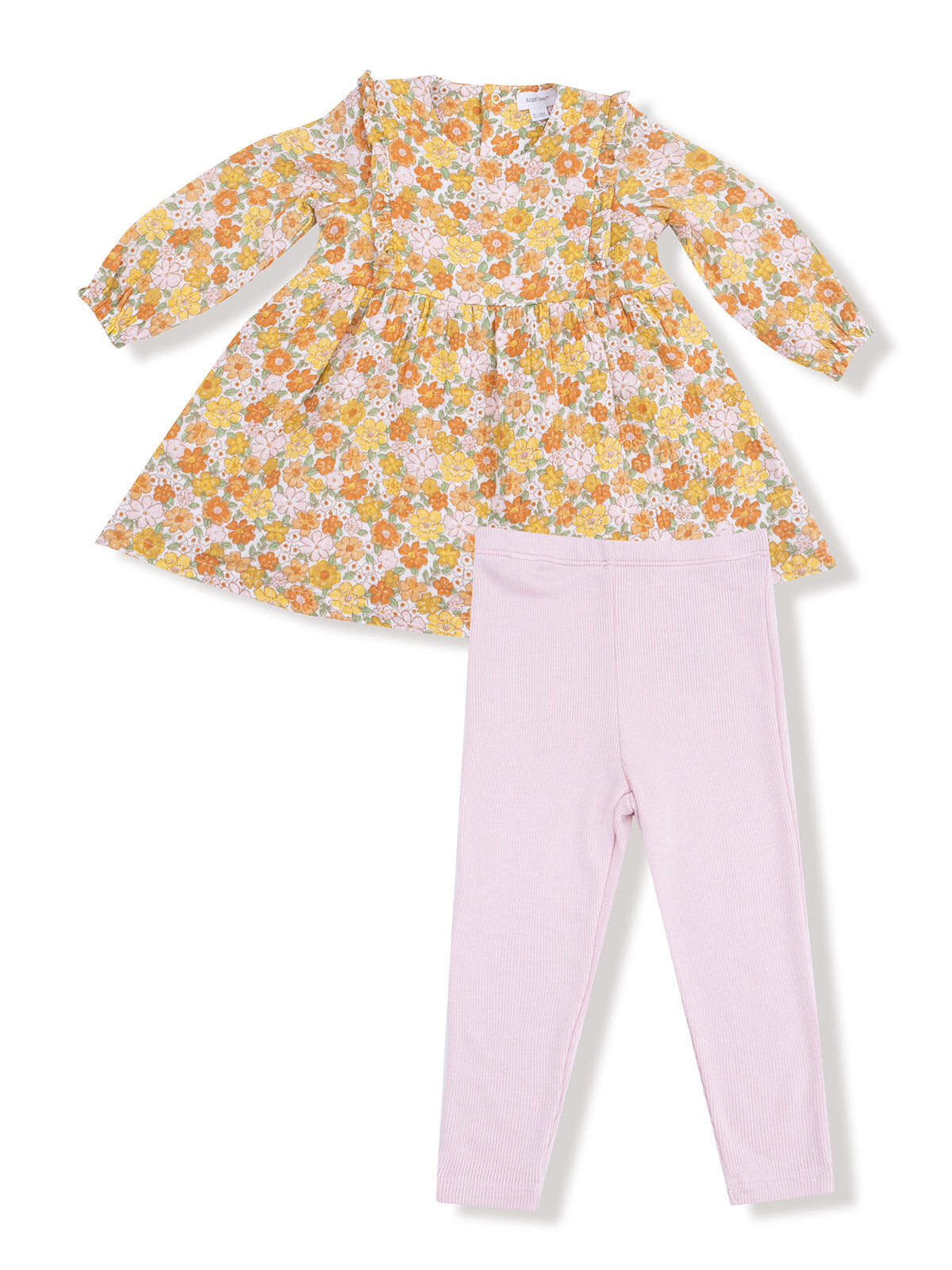 Floral dress with long sleeves and pink leggings laid out on a white background. Ideal for kids' spring outfits.