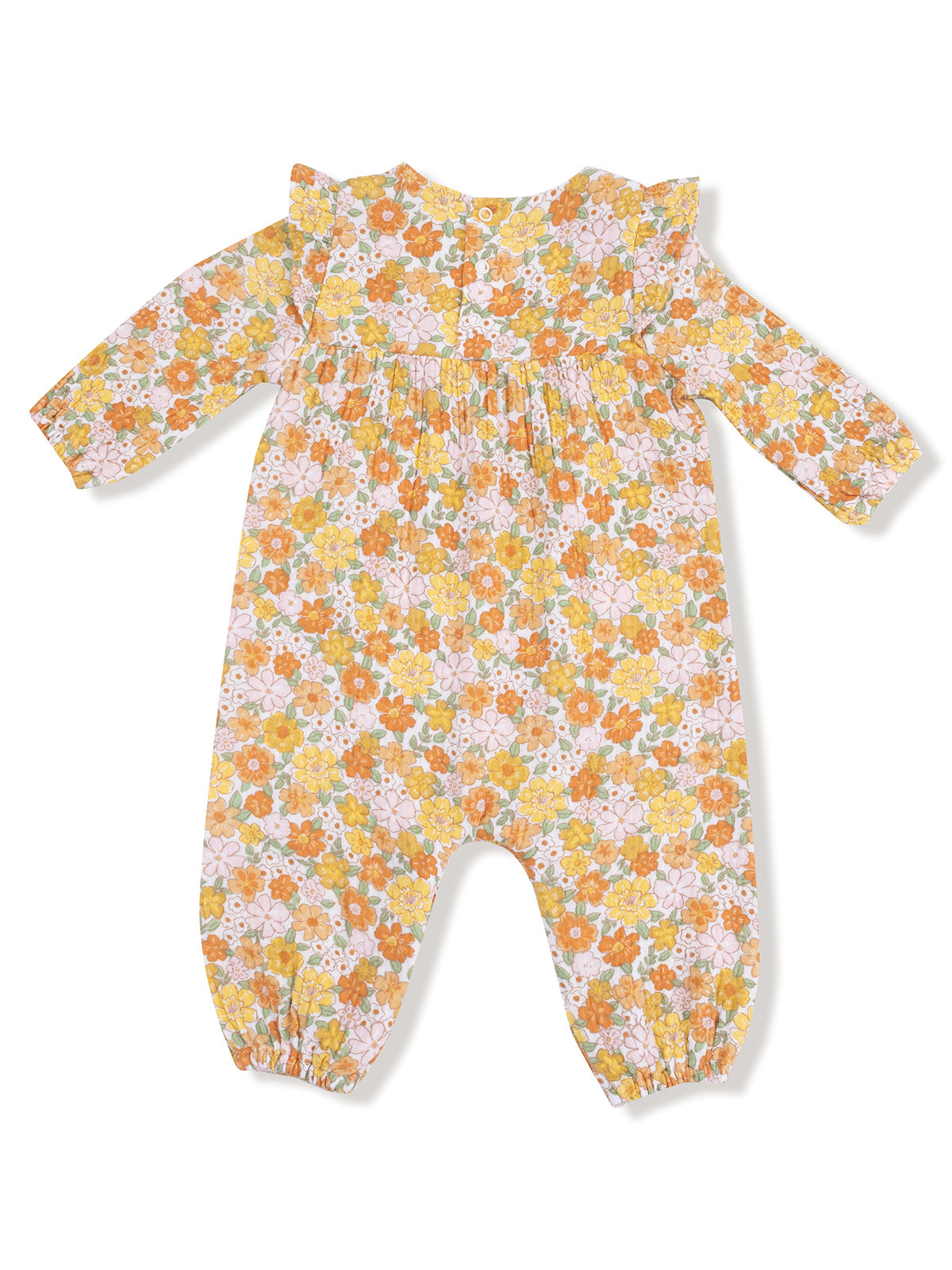 Floral-patterned baby romper with long sleeves and ruffle details, featuring shades of orange, yellow, and pink.