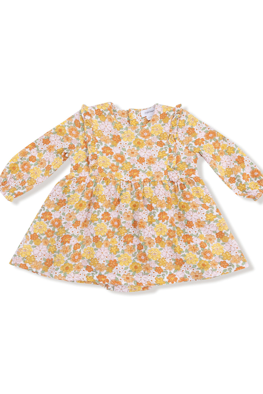 Floral patterned dress with long sleeves, featuring shades of orange, yellow, and pink on a light background.